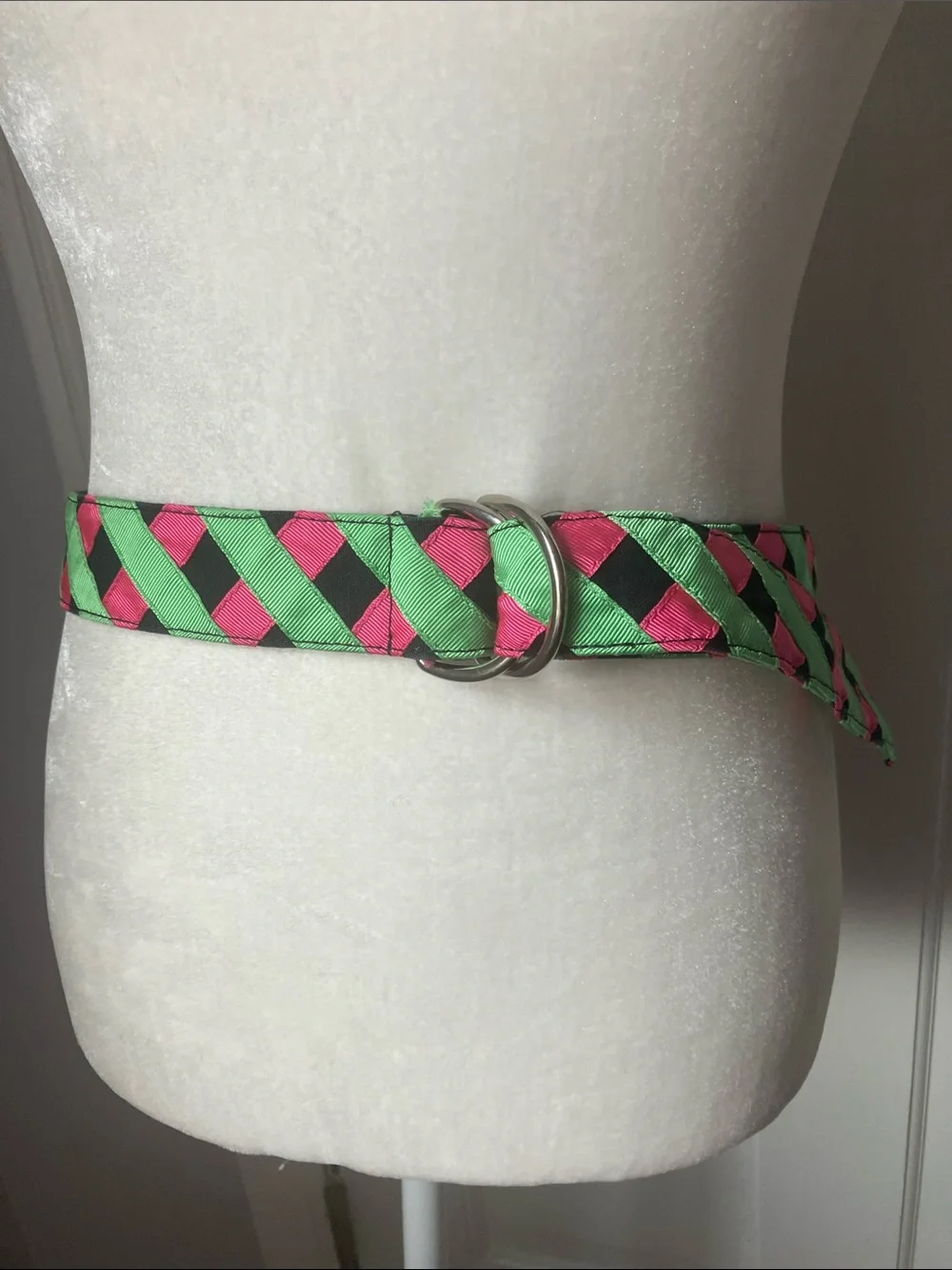 Super preppy green & pink grosgrain ribbon belt M